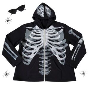 Skeleton Zip Hoodie Black Gray Bone Print Sweatshirt L Goth Punk Streetwear EUC